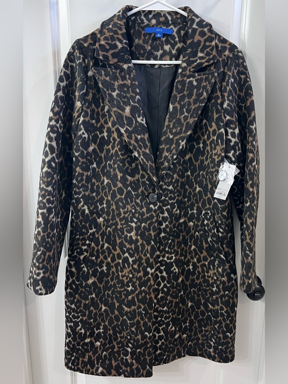 NWT APT 9 Women's Leopard Print Single-Button Pea Coat, Black & Brown, M